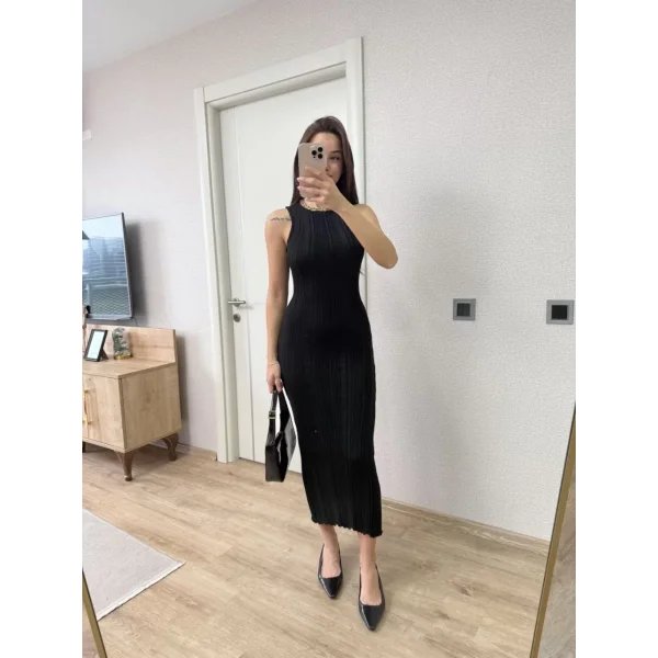 Fitilli Triko Elbise Kolsuz Sırtı Kapalı Maxi Uzun Boy - Siyah