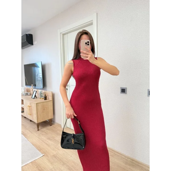 Fitilli Triko Elbise Maxi Uzun boy - Bordo