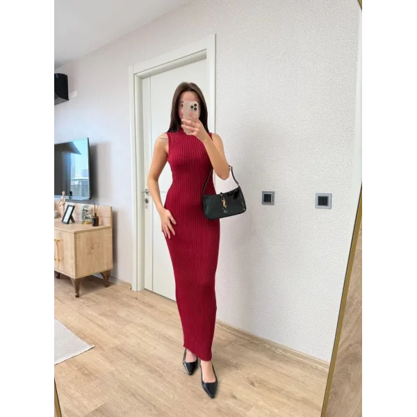 Fitilli Triko Elbise Maxi Uzun boy - Bordo