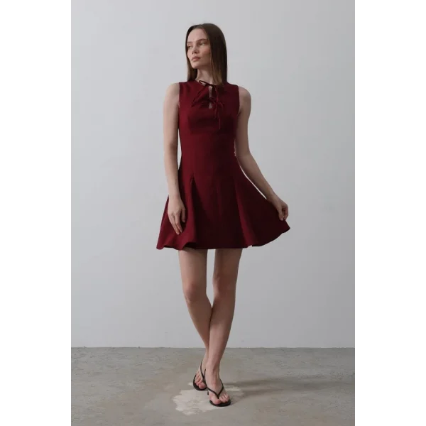 Fiyonk Detay ıfır Kollu ini Elbise  Bordo