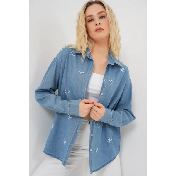 Fiyonlu Kot Gömlek 20329 - Mavi