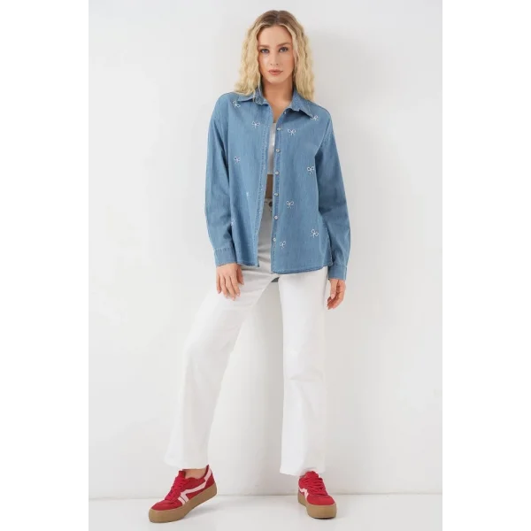 Fiyonlu Kot Gömlek 20329 - Mavi
