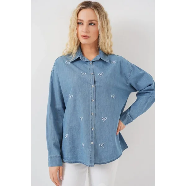 Fiyonlu Kot Gömlek 20329 - Mavi