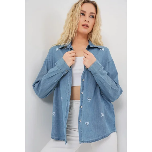 Fiyonlu Kot Gömlek 20329 - Mavi