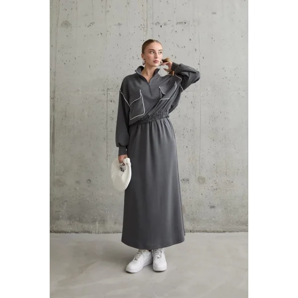 Füme Biyeli Sweatshirt Ve Etek Takım