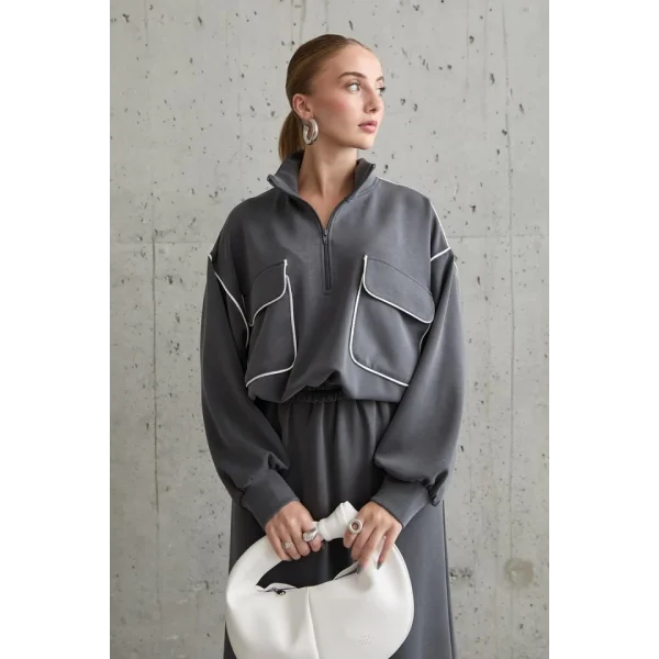 Füme Biyeli Sweatshirt Ve Etek Takım