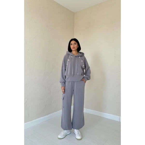 Füme Kapüşonlu Sweatshirt Ve Kargo Pantolon Takım