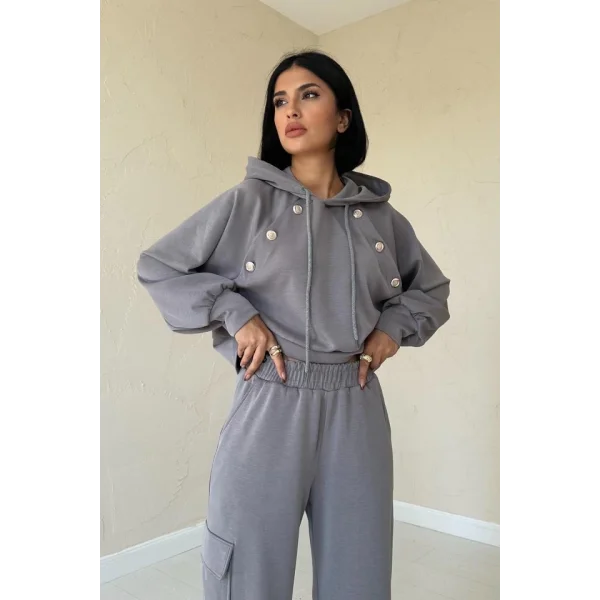 Füme Kapüşonlu Sweatshirt Ve Kargo Pantolon Takım