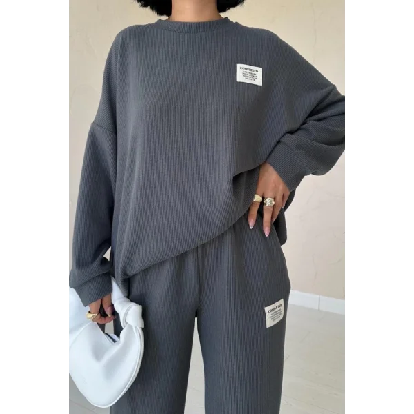 Füme Klasik Fitilli Kazak Ve Pantolon Takım