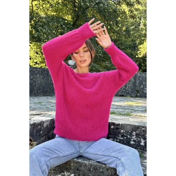 Fuşya Baklava Desenli Triko Kazak