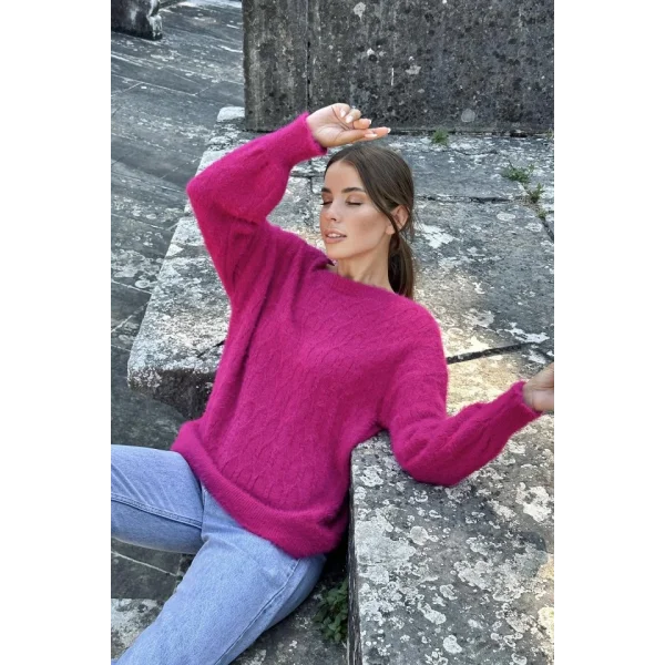 Fuşya Baklava Desenli Triko Kazak