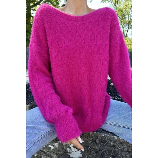 Fuşya Baklava Desenli Triko Kazak