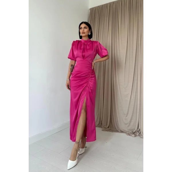Fuşya Büzgülü aten Elbise