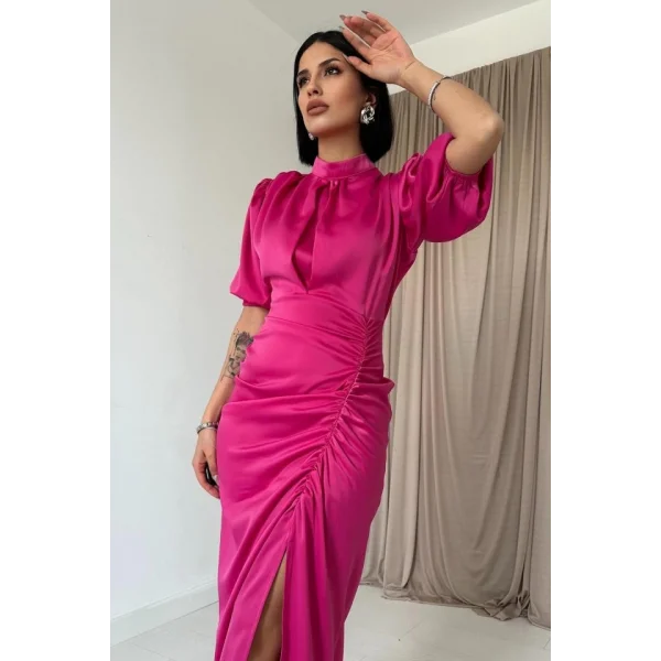Fuşya Büzgülü aten Elbise