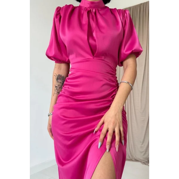 Fuşya Büzgülü aten Elbise