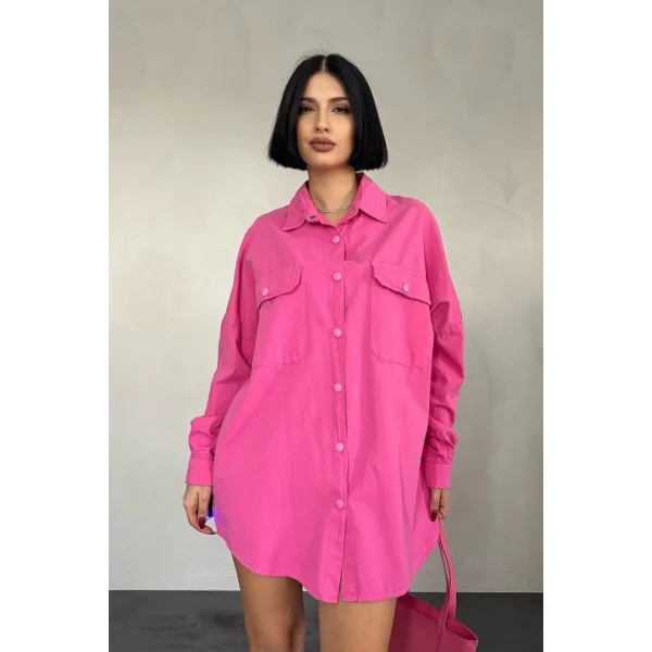 Fuşya Çift Cep Kapaklı Çıtçıtlı Gömlek