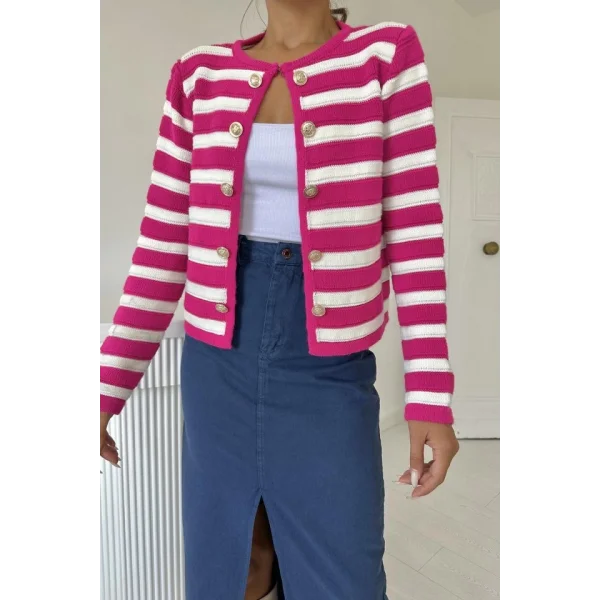 Fuşya Çizgili Ve Düğmeli Triko Kazak