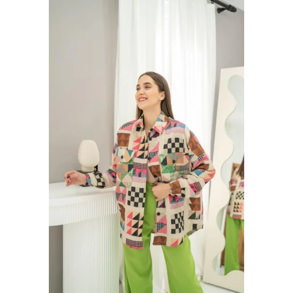 Fuşya Desenli Kapitone Cepli Gömlek