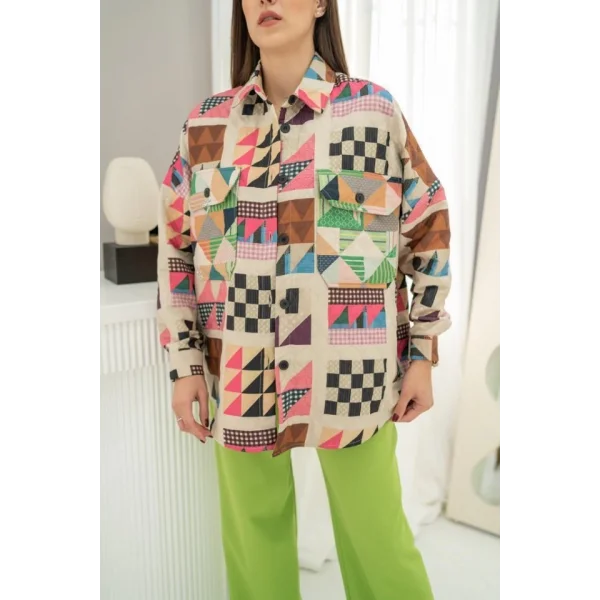 Fuşya Desenli Kapitone Cepli Gömlek