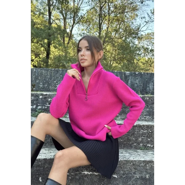 Fuşya Fermuarlı Ve Boğazlı Triko Kazak