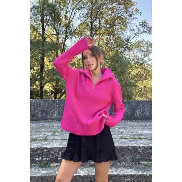 Fuşya Fermuarlı Ve Boğazlı Triko Kazak