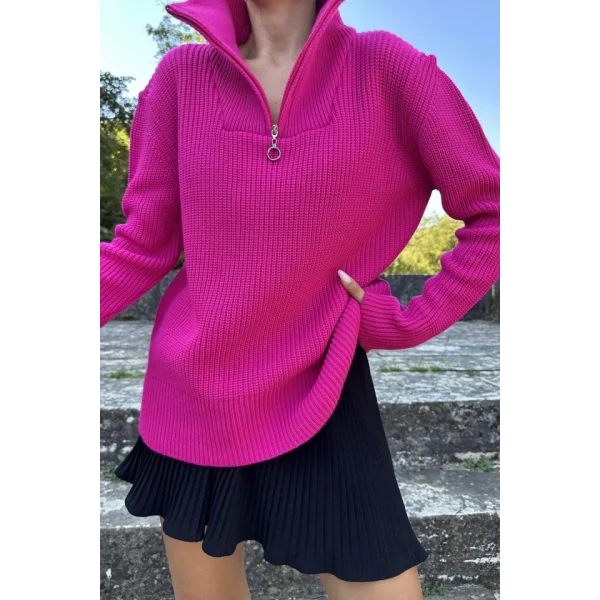 Fuşya Fermuarlı Ve Boğazlı Triko Kazak