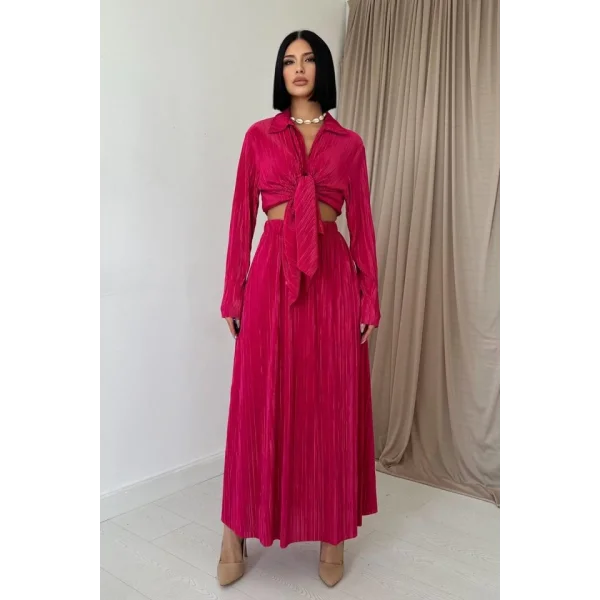 Fuşya Fitilli Gömlek Ve Uzun Etek Takım