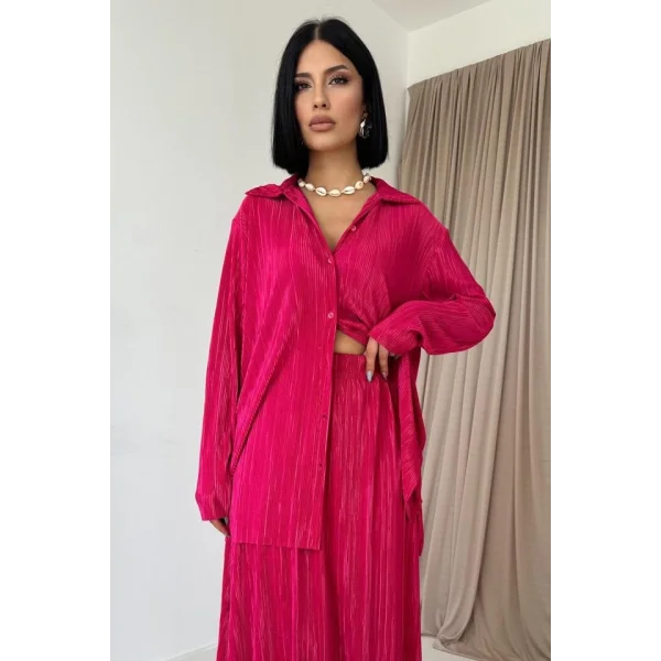 Fuşya Fitilli Gömlek Ve Uzun Etek Takım