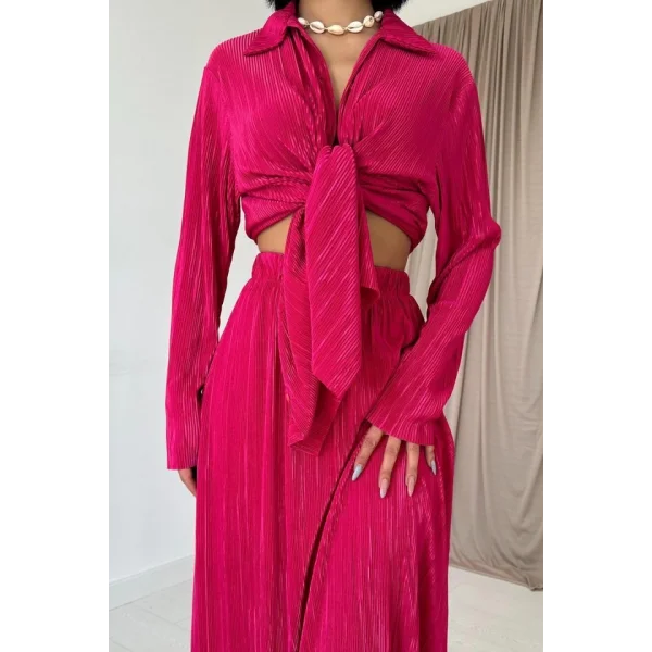 Fuşya Fitilli Gömlek Ve Uzun Etek Takım