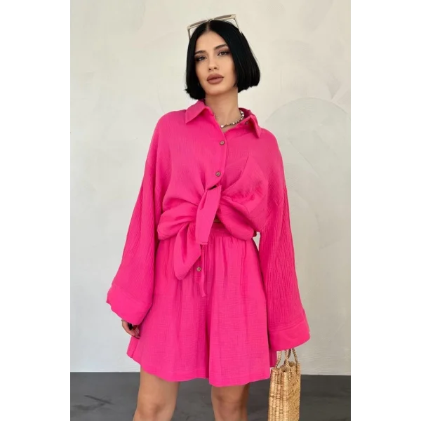 Fuşya Gömlek Ve üslin Şort Takım
