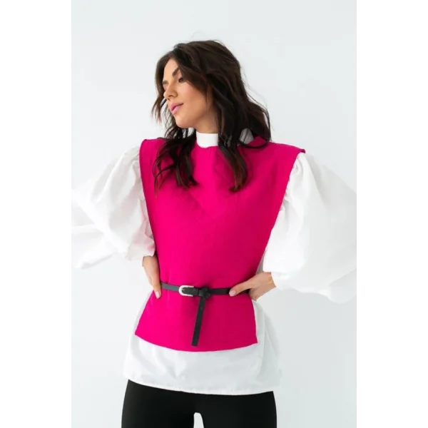 Fuşya Kemerli Gömlek Ve Panço Takım
