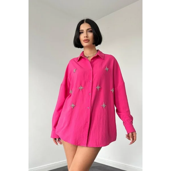 Fuşya Klasik Kalıp El İşlemeli Gömlek