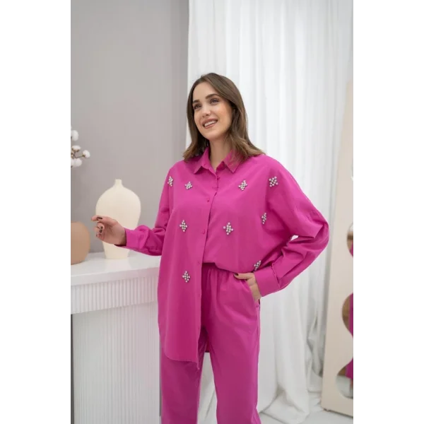 Fuşya Klasik Taşlı Keten Takım Takım