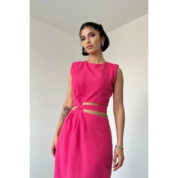 Fuşya Kuşaklı Crop Ve Etek Takım