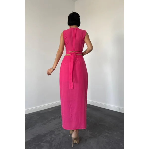 Fuşya Kuşaklı Crop Ve Etek Takım