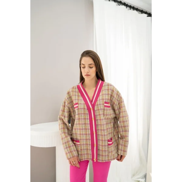 Fuşya Ön Ribana Ekose Ceket