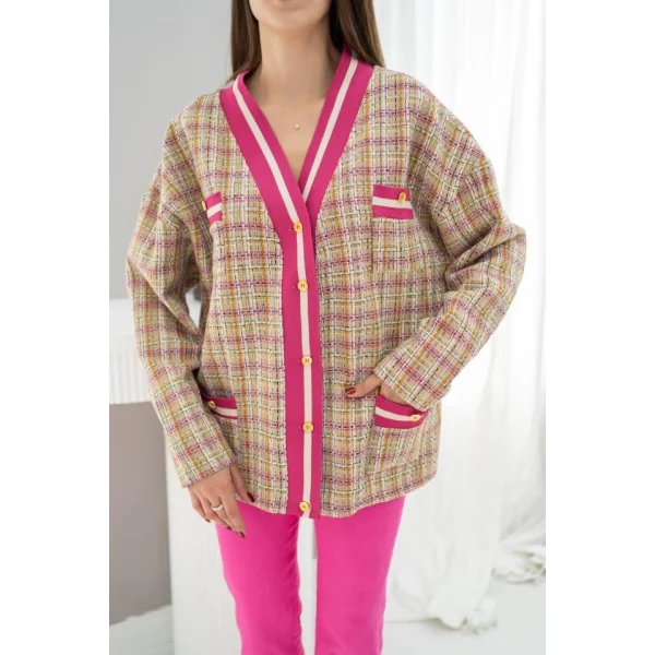 Fuşya Ön Ribana Ekose Ceket