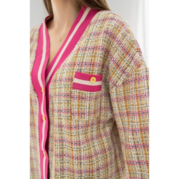 Fuşya Ön Ribana Ekose Ceket