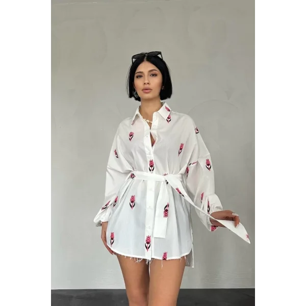 Fuşya Vual etraj Nakış Kuşaklı Gömlek