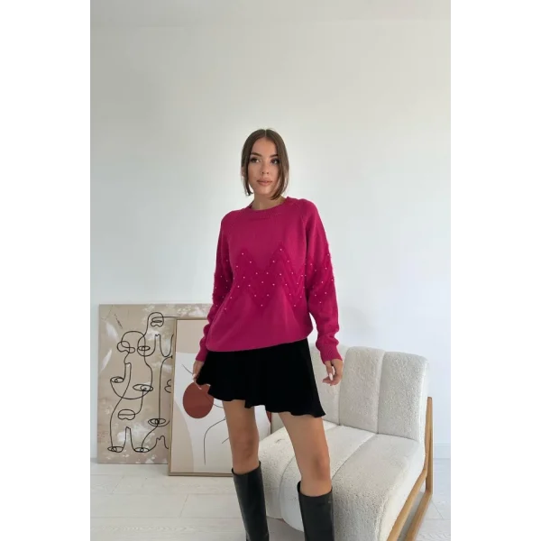 Fuşya Zikzak Boncuklu Triko Kazak