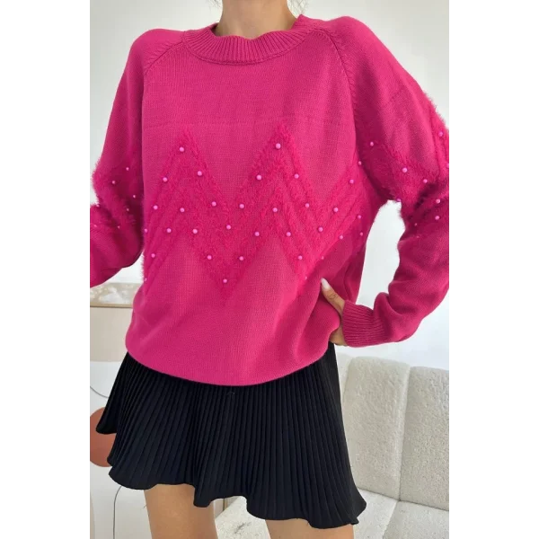 Fuşya Zikzak Boncuklu Triko Kazak