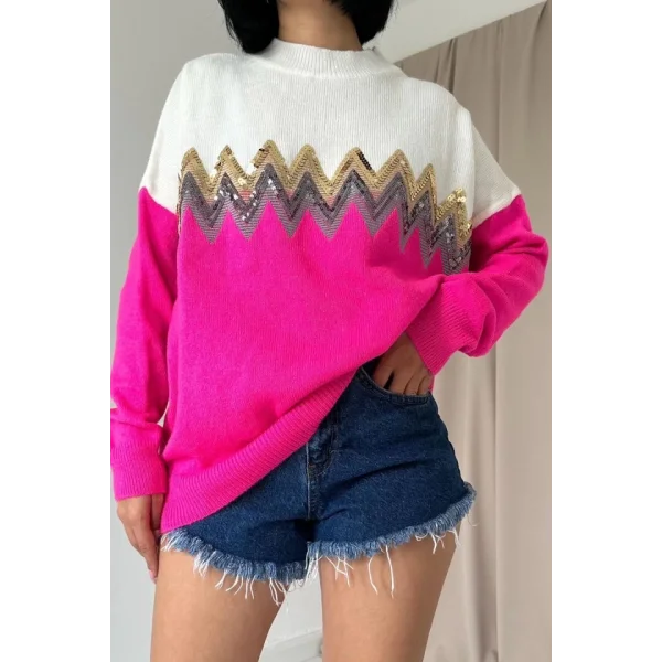 Fuşya Zikzak Desenli Triko Kazak