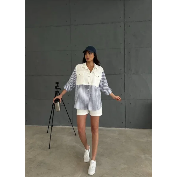 GABARDİN ŞORT  GABARDİN  ÇİZGİİ KETEN GARNİİ CEKET TAKI  acivert