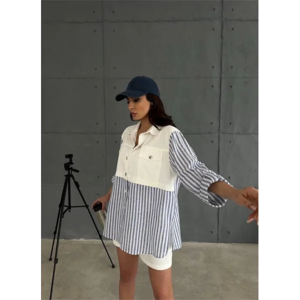 GABARDİN ŞORT  GABARDİN  ÇİZGİİ KETEN GARNİİ CEKET TAKI  acivert