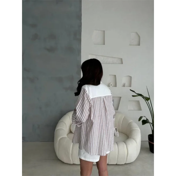 GABARDİN ŞORT  GABARDİN  ÇİZGİİ KETEN GARNİİ CEKET TAKI  Kahverengi