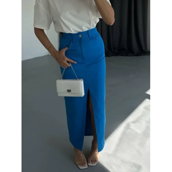 GABARDİN UZUN ÖNDEN YIRTAÇI ETEK  aks