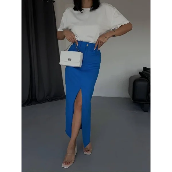 GABARDİN UZUN ÖNDEN YIRTAÇI ETEK  aks