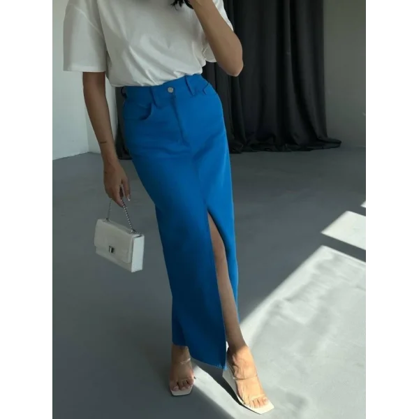 GABARDİN UZUN ÖNDEN YIRTAÇI ETEK  aks