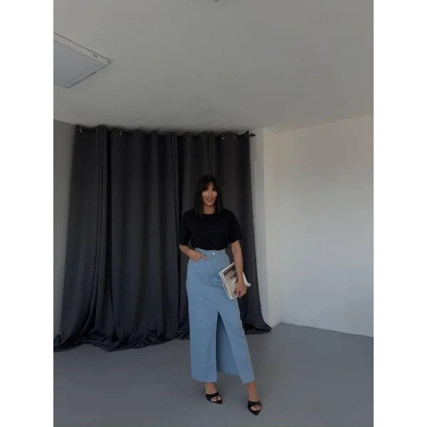 GABARDİN UZUN ÖNDEN YIRTMAÇLI ETEK - Mavi