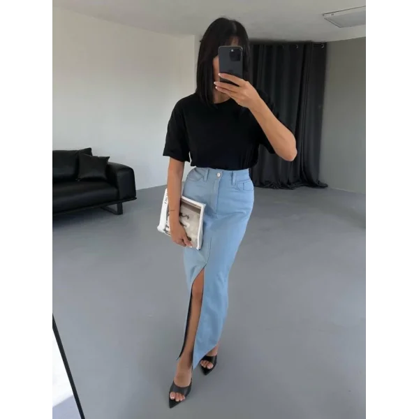 GABARDİN UZUN ÖNDEN YIRTMAÇLI ETEK - Mavi